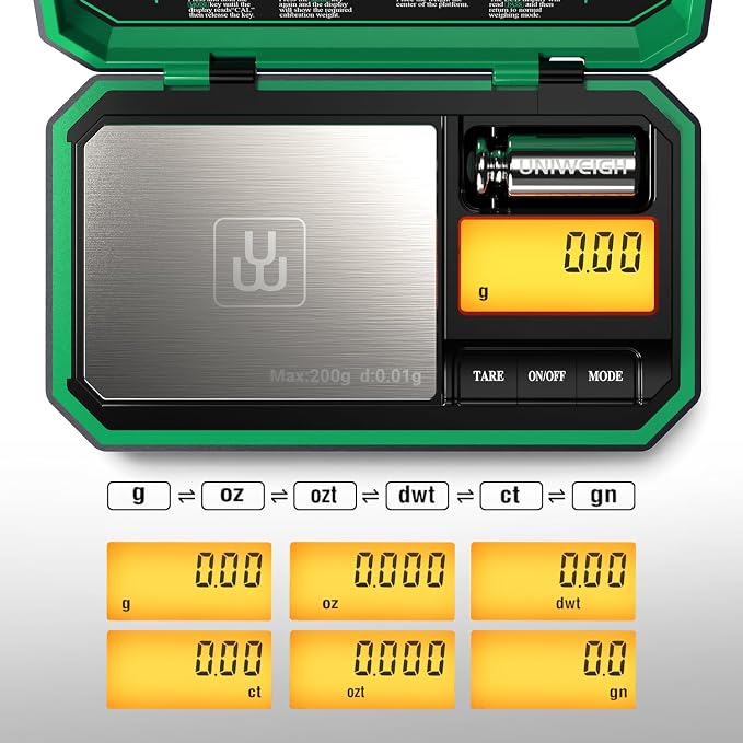 UNIWEIGH Digital Pocket Scale Precision 200g/0.01g, Digital Scale Grams Ounces, Mini Jewelry Scale, Coins Scale with 50g Cal Weights for Gold/Silver/Gems/Food,(Battery Included)-Green