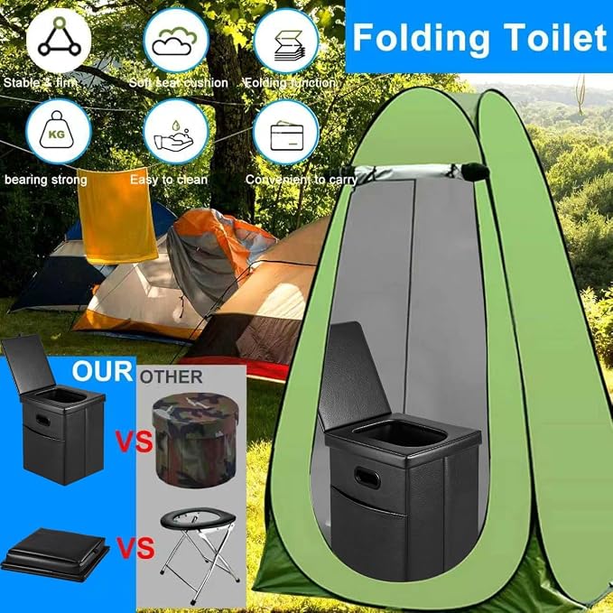 Panmout Portable Toilet Kit with Pop-Up Privacy Tent, 16.5" Camping Toilet | All-in-One Outdoor Portable Camping Bathroom with Camping Toilet , Waste Bags, LED Light for Camping, RV, Road Trip