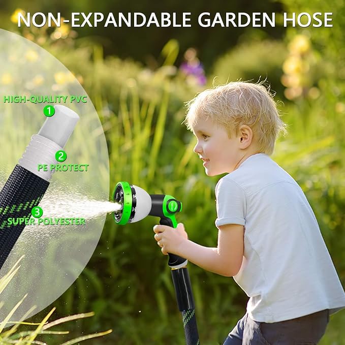 Junredy Garden Hose 50 FT, NON-EXPANDABLE Heavy-Duty Flexible & Lightweight Water Hose with 10-Function Nozzle, No-Kink, Leak-Proof Super Fabric, Solid Fittings for Lawn, Car, Outdoor (Black Green)