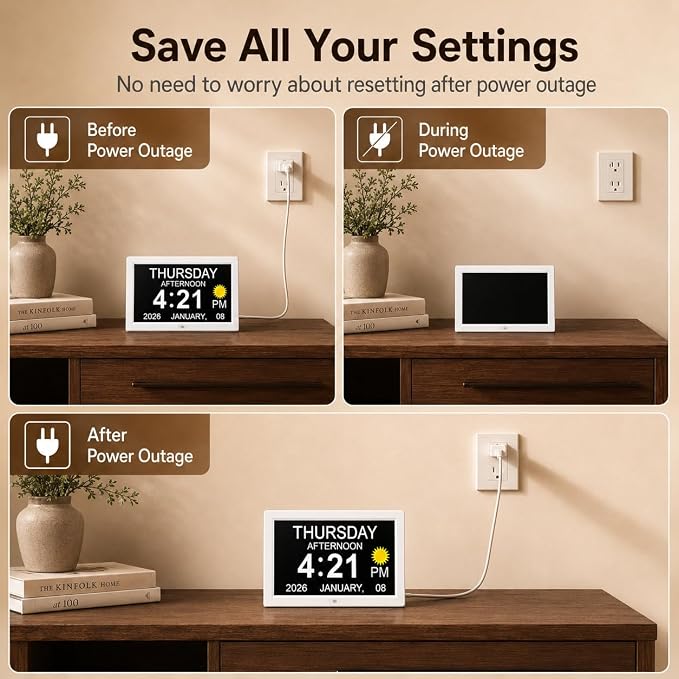JALL 7" Digital Calendar Day Clock for Seniors 2026, Non-Abbreviated with Day & Date, Easy-to-Read Alzheimer's Dementia Clock for Elderly, Auto-Dimming, 8 Custom Alarms, Auto DST, White