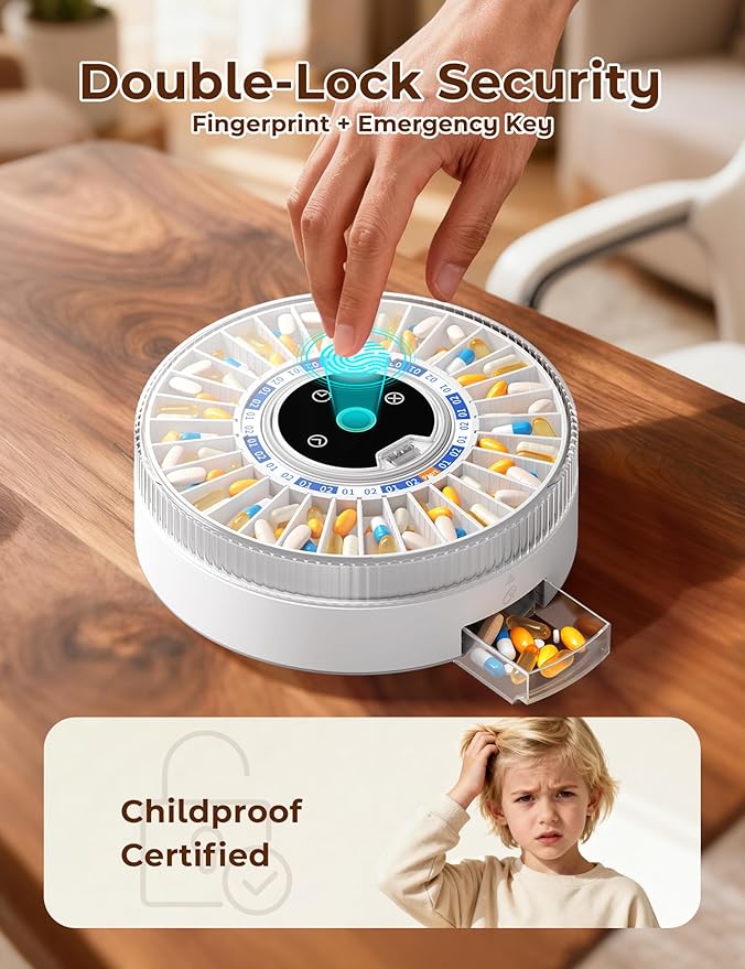 Betife Automatic Pill Dispenser for Elderly with Alarm – 31-Slots | Senior-Friendly,App Support,Fingerprint Unlock, Child-Proof,Bluetooth-Enabled