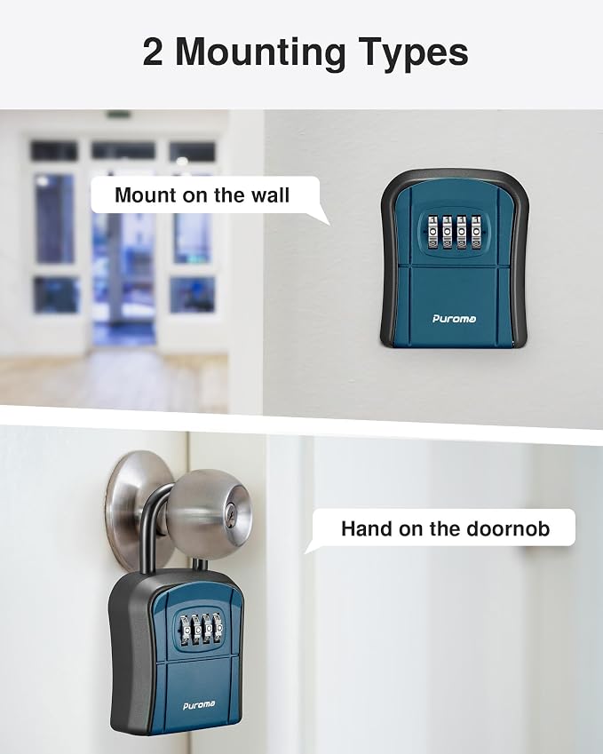 Puroma Key Lock Box Outdoor 4 Digit Code Combination Lockbox 1 Peacock Blue | For Contractors Guest Realtor Storage Keys, Portable, Home Wall Mount, Resettable, Combination, Weatherproof, High-capacity