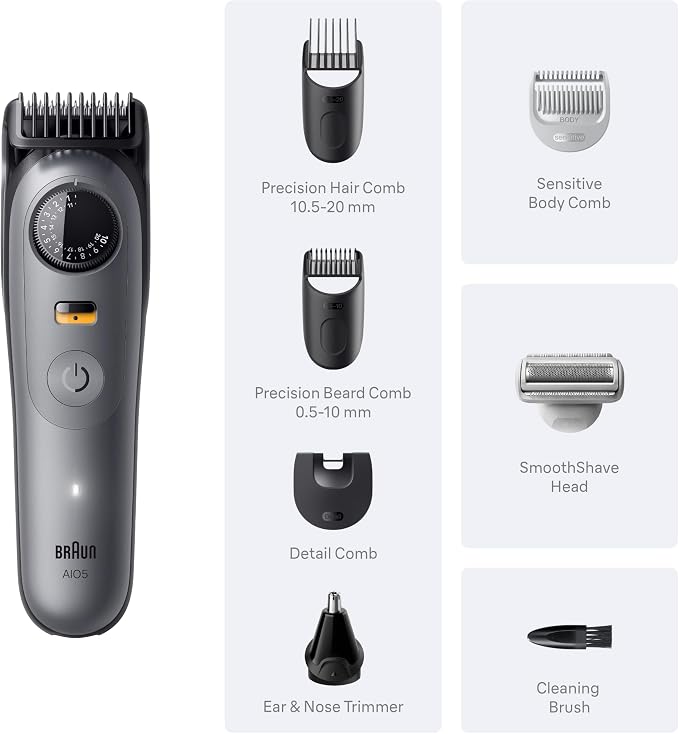 Braun Series 5 All-in-One Beard & Body Grooming Kit for Men, Cordless Trimmer, Hair Clippers & Shaver for Face, Hair & Body with Smooth Shave Head, AIO 5510
