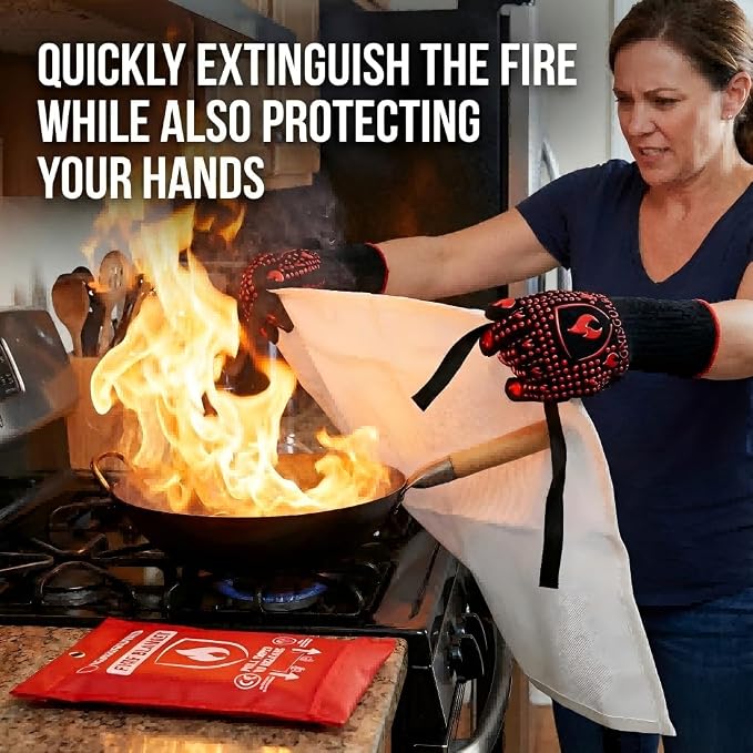 Emergency Fire Blankets for Home and Kitchen, 2-Pack 40"x40" Fiberglass Fire Suppression Blanket for Grease Fires, BBQ Grill, Camping, RV, Fireplace & Survival Safety