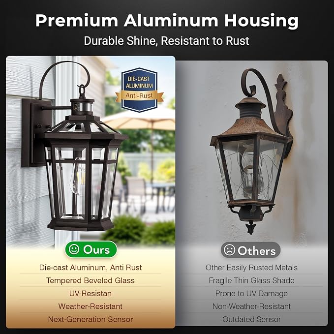 VIANIS Large Motion Sensor Porch Light, Dusk to Dawn Outdoor House Lights Wall Mount Sconce, Oil Rubbed Bronze Exterior Lighting Fixtures, 100% Anti-Rust Aluminum Outside Wall Lights for House, Garage