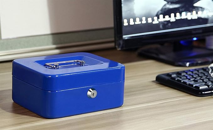 Jssmst Locking Medium Steel Cash Box with Money Tray,Lock Box,Blue
