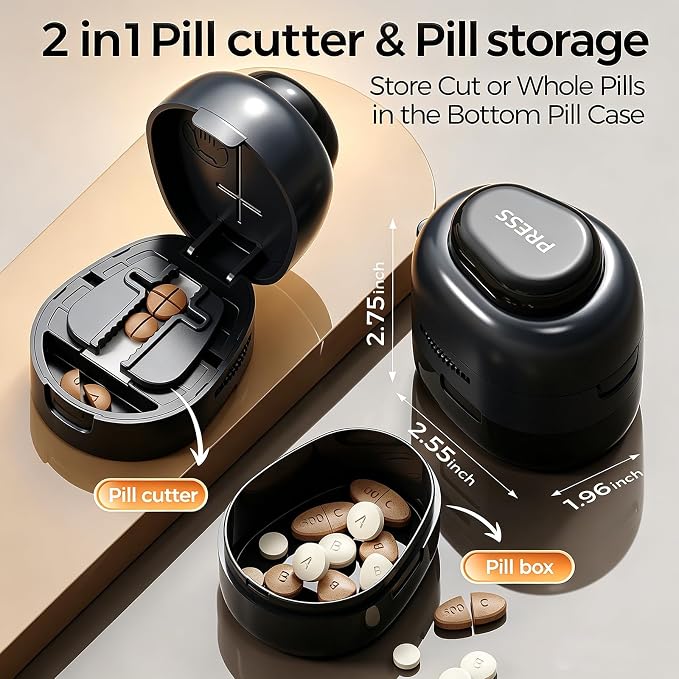 Adjustable Pill Cutter Splitter for Small and Tiny Pills, 1/2 1/4 Pill Splitter for Small Pills Vitamins Tablets, Accurate Alignment & Easy Cutting, Hidden Sharp Blade, Bottom Storage (Black)