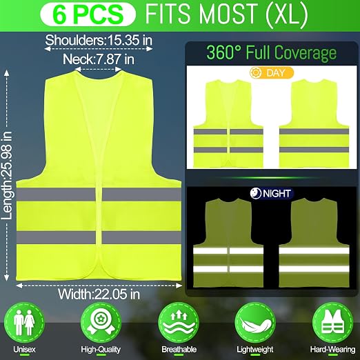 6-Pack Reflective Safety Vest & Grabber Tool Kit Yellow, 32-Inch Reacher Tool, Trash Picker for Litter, Ideal for Construction & Cleaning Teams