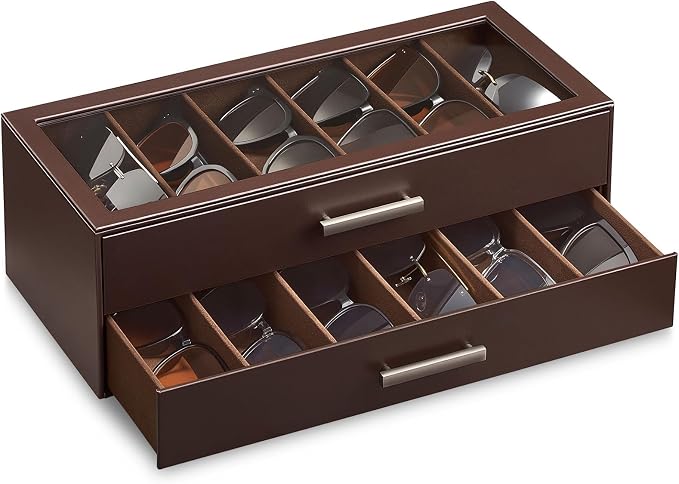 ProCase Sunglasses Organizer Box with Clear Glass Lid, PU Leather Eyeglass Storage Display Case for Men and Women