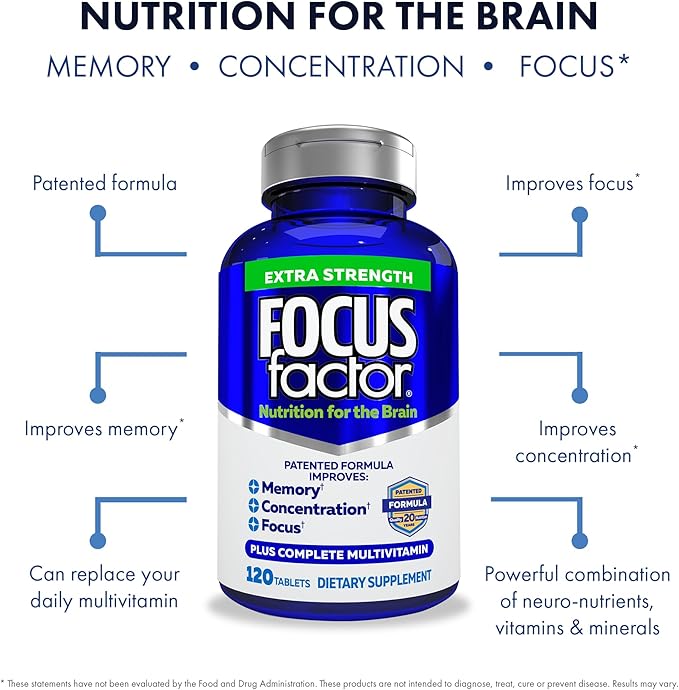 Focus Factor Adults Extra Strength, 120 Count - Brain Supplement for Memory, Concentration and Focus - Complete Multivitamin with DMAE, Vitamin D, DHA - Trusted Health Vitamins (Pack of 3)