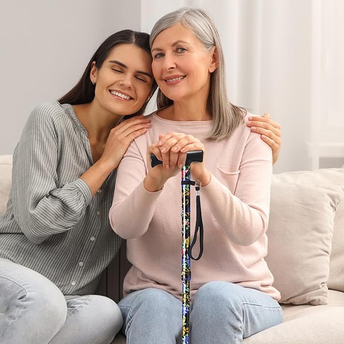 Floral Canes for Women Folding Cane for Stability with Non-Slip Base, Adjustable Walking Cane for Seniors - Lightweight Collapsible Walking Sticks with T & Offset Handle