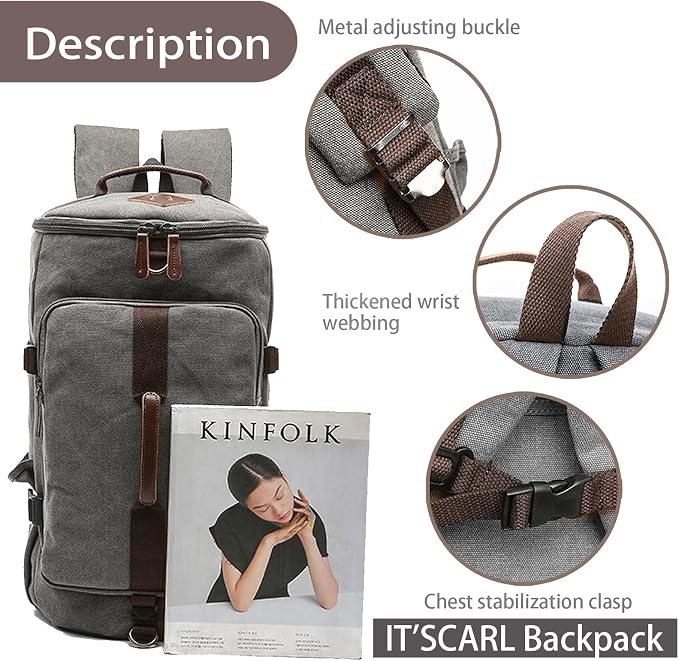 IT'SCARL Mens backpack, Large backpack for travel, Carry-on, canvas bag, 17 inch computer waterproof back pack(grey)