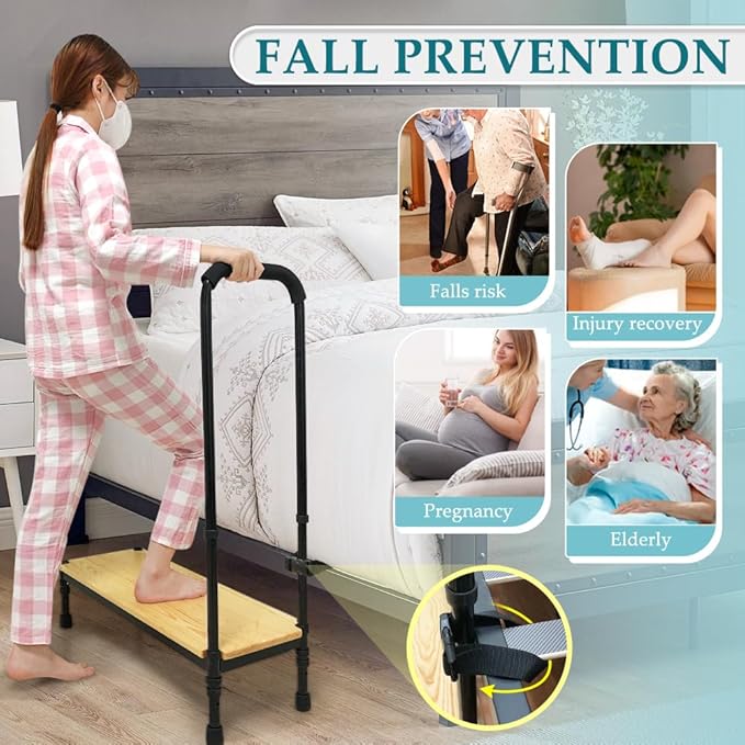 Medical Step Stool with Handle for Elderly Bed Steps for High Beds Adults Stepping Stool SUV Car Bariatric Handicap Seniors Safety Bedside Heavy Duty Foot Step Adjustable Assist Rail (Widen Platform)
