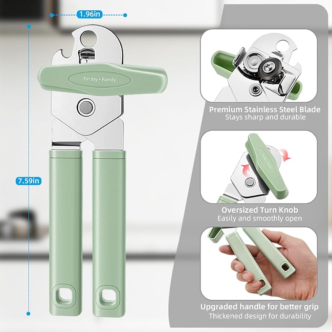 Can Opener Manual, Reinforced Blade, Effortless Knob, Non-Stick, Green | Reinforced blade, effortless knob, built-in bottle opener, non-stick hard rubber handle, smooth-edge safety cutter