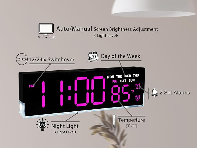 7-Inch Modern LED Digital Alarm Clock with Dual Alarms & Soft Bottom Light｜Displays Time, Date, Day, Temperature｜3-Level Auto/Manual Brightness, DST, USB or Battery Powered Desk Clock,Rose-Red