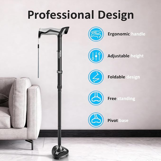 HEALTHBAZAAR Walking Cane with LED Light, Folding Canes for Men & Women with Shock Absorption - Adjustable, Lightweight Collapsible Walking Sticks with Comfort Grip Handle, Heavy Duty All Terrain Tip
