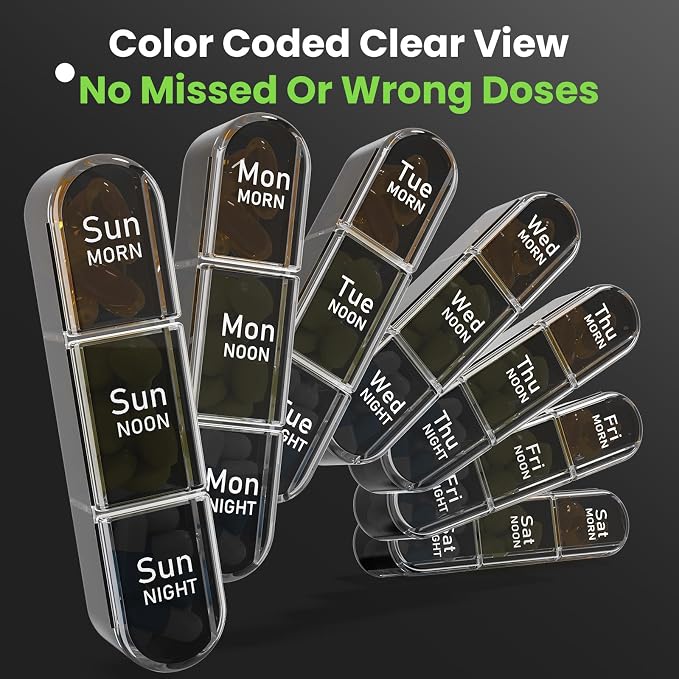 Pill Organizer 3X a Day, Medicine Pill Organizer 7 Day, Weekly Pill Case with 21 Compartments for Medicine, Vitamin and Supplement, Full Black
