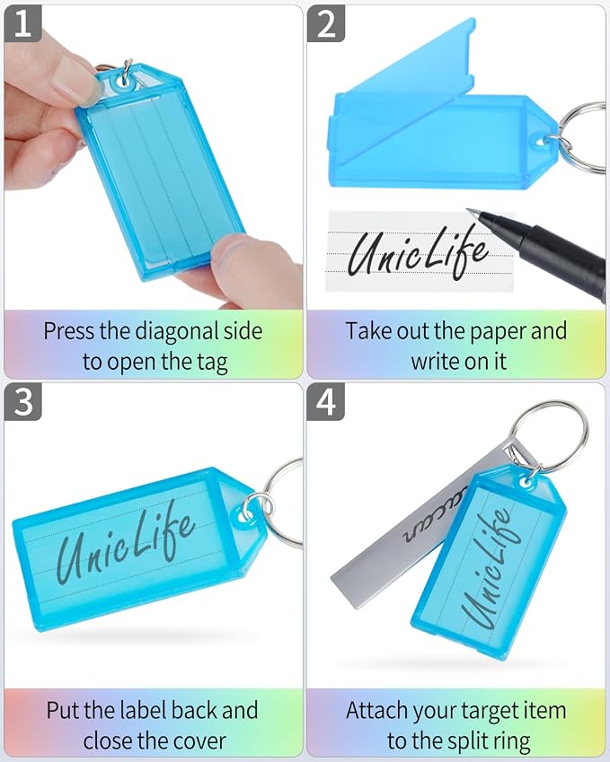 Uniclife 30 Pack Key Tags with Blank Labels, Clear Windows & Split Rings | 2 styles of key tags with writable blank paper labels and clear covers keep labels protected, visible and easy to identify