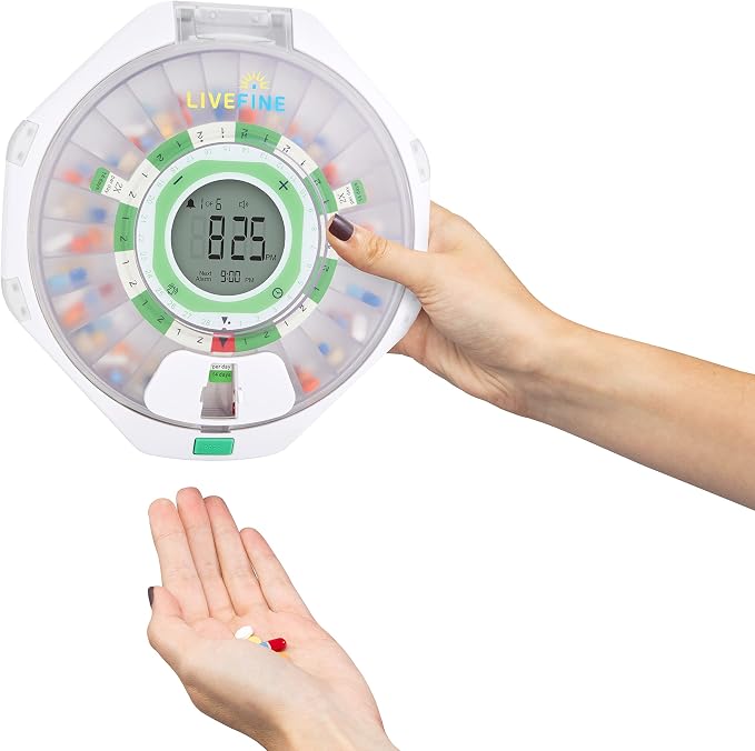 LiveFine 28-Day Automatic Pill Dispenser, 9 Dosage Rings, Frosted Lid | Battery-powered and travel-ready with a lockable key cover - trusted by seniors and arthritis sufferers.