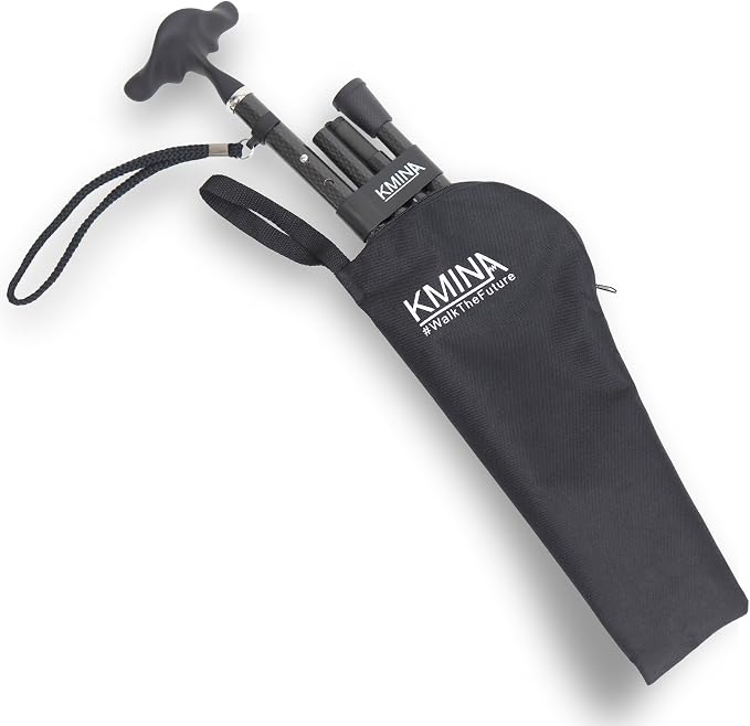 KMINA Folding Cane for Men and Women (Carbon Fiber), Soft Grip, Adjustable Height, Lightweight, Black, PRO Model