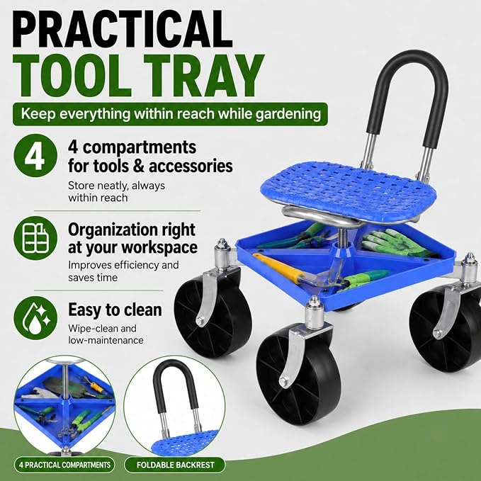 Rolling Garden Seat with Wheels, Adjustable Garden Scooter Stool with Backrest,Garden Cart with Tool Storage Tray & Backpack, Gardening Work Seat for Weeding, Planting, Yard Work (Without Backpack 1)