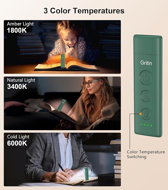 Gritin Book Light Rechargeable, Clip on LED Reading Light for Books in Bed | Eye Caring 3-Color & 5-Brightness, Stepless Dimming, Long Lasting, Compact Size Flexible Book Lamp for Bookworms-Dark green