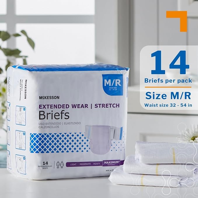McKesson Extended Wear Stretch Briefs, [14 Count], M/R, 32-54 in. Incontinence Adult Diapers, Maximum Absorbency, Unisex, Disposable, Elastic Leg Gathers and Contoured Fit for Men and Women