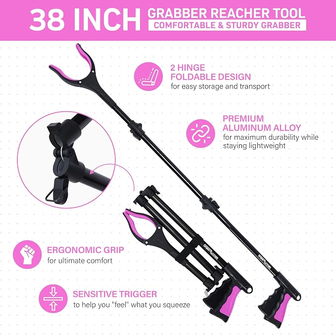 38" Extra Long Grabber Reacher Tool – 2 Pack Foldable Reacher Grabber Pickup Tools for Seniors, Disabled, Trash Pickup, and Hard-to-Reach Areas, Ergonomic Grip & Lightweight Design（Orange Pink）