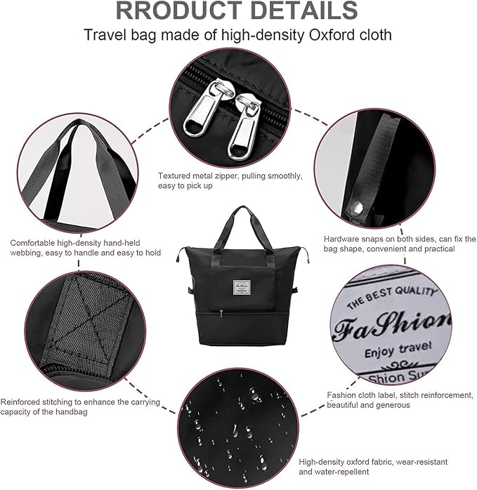 Large Capacity Folding Travel Bag, Lightweight Waterproof Luggage Bag, Expandable Travel Duffel Bag, Dry Wet Separated Gym Tote Bag, Weekender Overnight Bag for Women and Man (Black)
