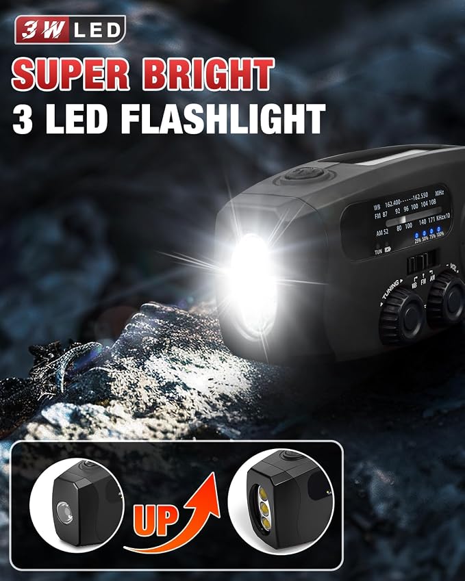 Hand Crank Radio with AM/FM/NOAA Weather Bands,for Emergencies, Camping | 3 LED Flashlights,SOS Function,Solar Powered,Hand Cranked, 2000mAh/7400mWh Charger,for Power Outage - Black