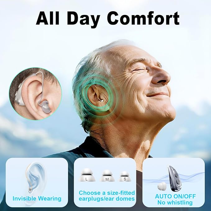 Hearing Aid for Seniors，OTC 32 Channel 5 Volume Hearing Amplifier with Rechargeable Case & Noise Cancelling Phones Sound Cleaner，Invisable Ergonomic Auto-On/Off Digital Hear Aid for Dryer Hear Loss