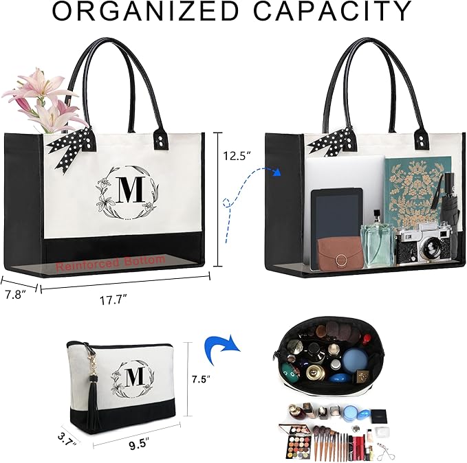 BeeGreen Christmas Birthday Gifts Personalized Women's Large White and Black Canvas Tote Bag, Embroidered Initials, Leather Handle, Zipper Closure