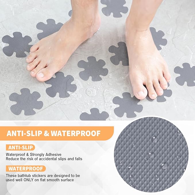Non Slip Bathtub Stickers, 24 PCS Shower Stickers for Safety Bathroom Tubs, Bathtub Non Slip-Sticker and Adhesive Decals Scraper for Bath Tub, Shower Floor, Stairs, Ladders(Flower Shape, Grey)