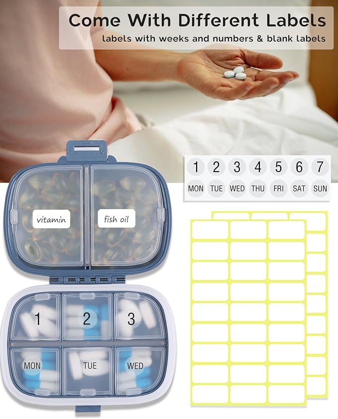 8 Compartments Travel Pill Organizer Box Moisture Proof Small Pill Case for Pocket Purse Daily Pill Holder Container for Medicine Vitamin (Dark Blue & Yellow, 2 Pack)