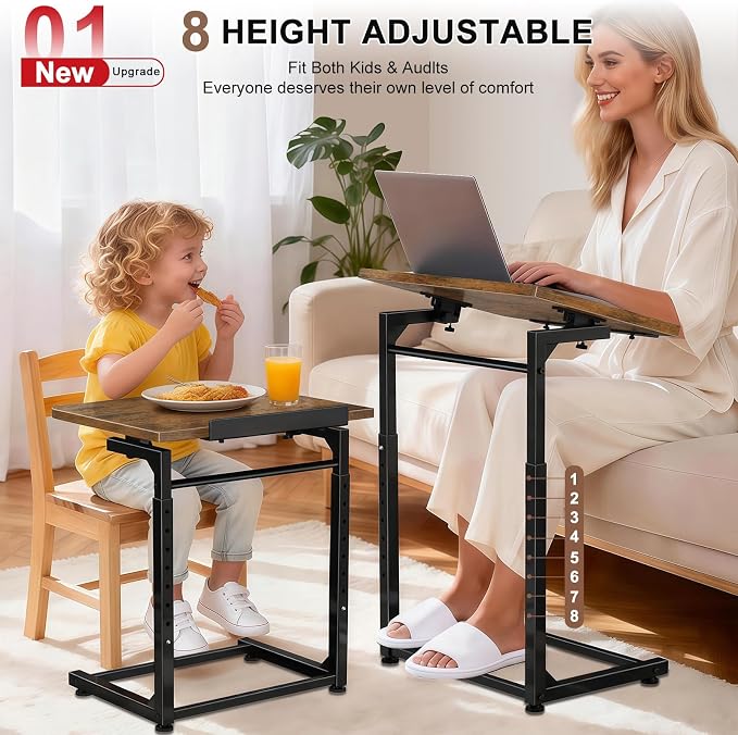 Tv Tray Table Set of 2, Living Room Table Sets 8-Level Adjustable Height Couch Side Table,90° Tilt Angle foldable End Table,Laptop Table with Phone & Tablet Slot Dinner Tray Desk for Recliner/Sofa/Bed