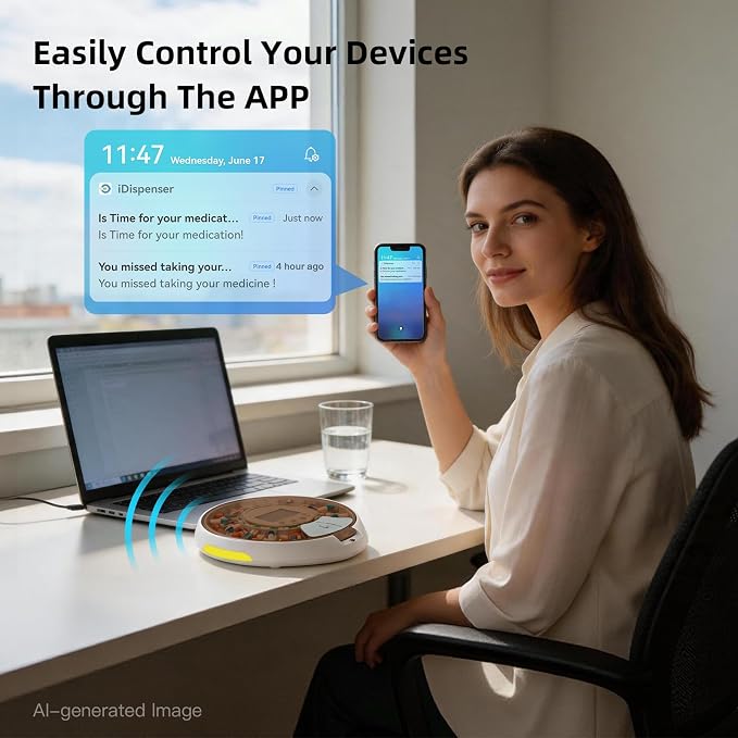 Locked Bluetooth Pill Dispenser for Caregivers App Track Adherence History | Top Lock & Ergonomic Flip Lid Friendly for Seniors, 28-Day Organizer with 9 Custom Alarms & Clear LCD, Sound-Light Reminders