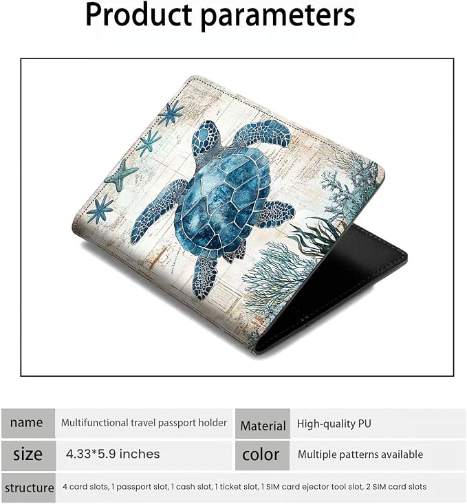 Passport Holder Wallet Cover Case,RFID Blocking Passport Cover,Large Capacity Travel Wallet with Multi Card Slots (Sea Turtle Illustration)