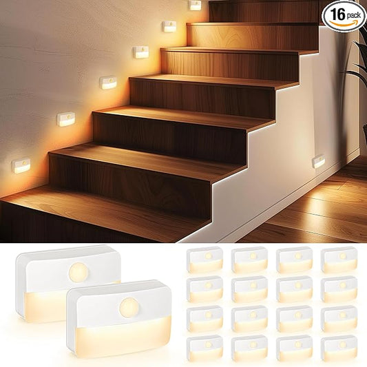 16 Pack Motion Sensor Stair Light Indoor, Battery Operated Night Lights | Automatic, Wireless, Stick on Anywhere Portable LED Lamp for Step Toilet Hallway Bedroom Under Cabinet Closet Wall Kitchen