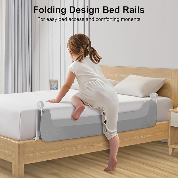 Bed Rail for Toddlers,Swing Down Kids Bed Rails Guard for Twin,Full,Queen,Bunk Size Bed,Extra Tall Child Bed Rail Guard with Reinforced Anchor Safety System,Grey