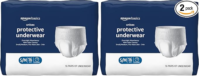 Amazon Basics Unisex Protective Underwear, Overnight Absorbency, Small/Medium, 16 Count (Pack of 2)