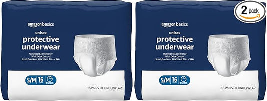Amazon Basics Unisex Protective Underwear, Overnight Absorbency, Small/Medium, 16 Count (Pack of 2)