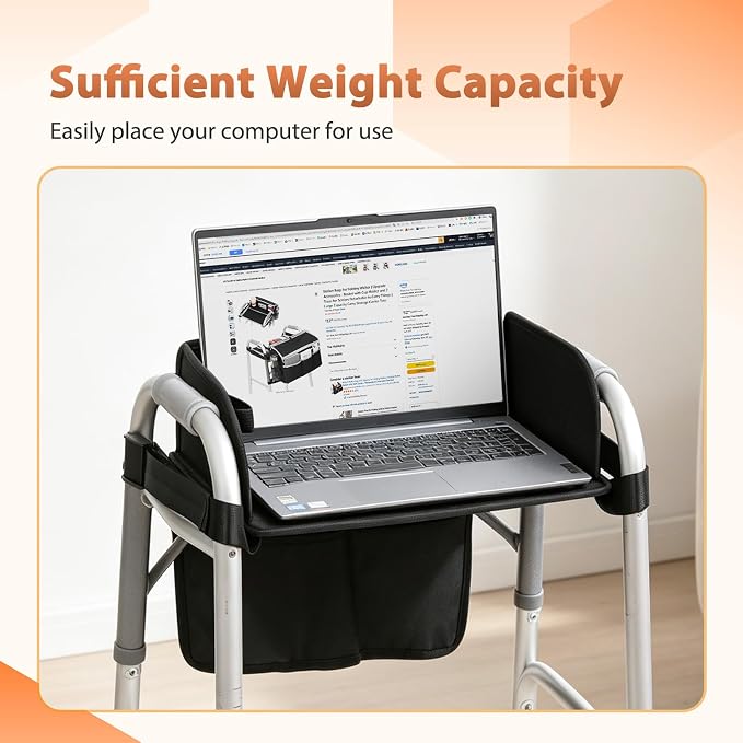 Tray for Walkers for Seniors with Cup Holder - Walker Accessories 【w/Pockets, Cup Holder & Non Slip Mat for Food】Mobility Trays Fits Most Standard Folding Walkers, Removable & Easy Assembly