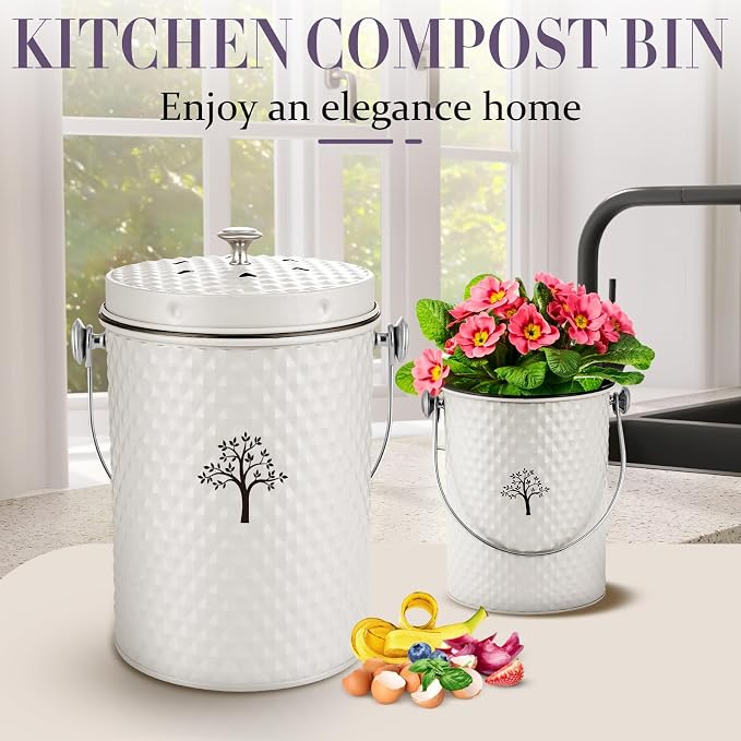 Countertop Kitchen Odorless Compost Bin with Removable Inner Bucket | 1 Gallon Composter Container,Includes 50 Compost Bags,2 Carbon Filters,Compost Bucket, ideal for food scraps,coffee grounds