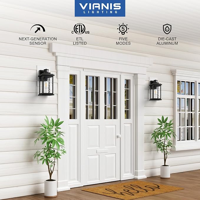VIANIS Large Motion Sensor Outdoor Lights, Dusk to Dawn Outdoor Lighting | Easy-Install, Waterproof Aluminum, Water Glass, Black Exterior Lights for Porch, Garage, Front Door, Adjustable Sensing Range