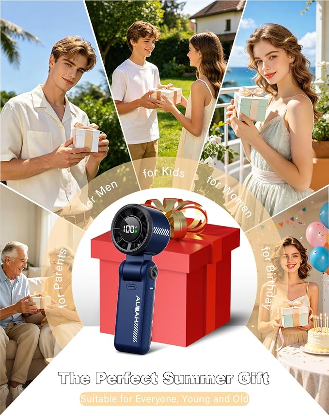 Portable Handheld Turbo Fan - 5 Speed Mini Personal Fan with Strong Airflow, Foldable 3 in 1 Rechargeable Battery Operated Trave Essentials Hand Fans for Indoor/Outdoor Use, Blue