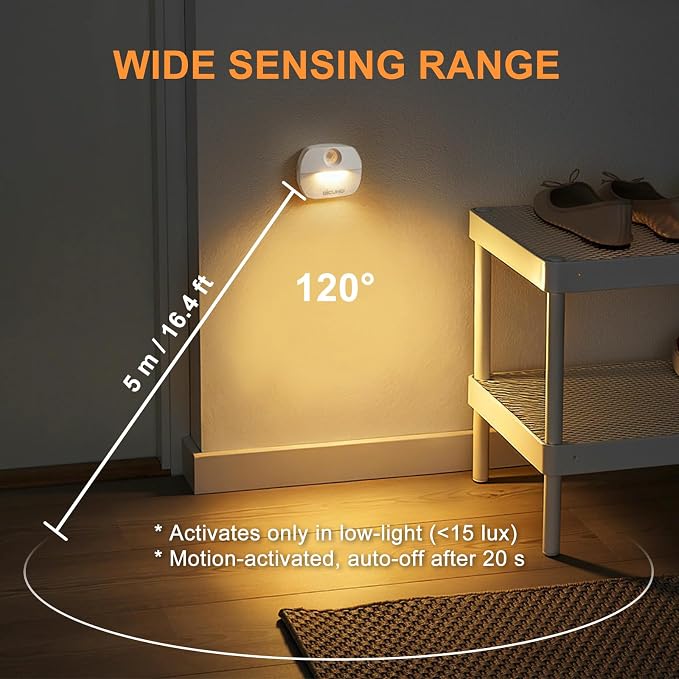 DiCUNO Motion Sensor Night Light, Stick-On, Battery Operated, 3000K, 4-Pack | Stick-On Nightlight with Dusk to Dawn Sensor, 20lm, Warm White, 0.5W, Night Lights LED for Bedroom, Bathroom, Hallway, Stairs
