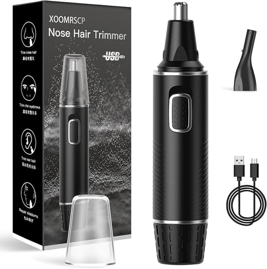 XOOMRSCP Professional Rechargeable Nose Hair Trimmer for Men – 2-in-1 Painless Ear & Nose Trimmer with IPX7 Waterproof Dual-Edge Blades, Also for Eyebrow & Facial Hair (Black Silver)