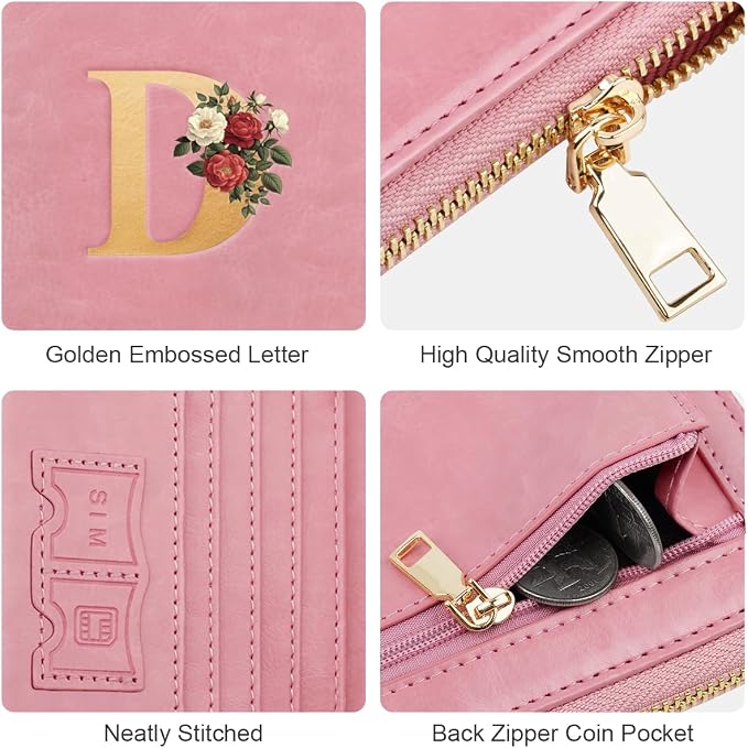 Passport Holder for Travel Personalized Wallet with Wristlet Women | All-in-One Passport Cover, RFID Blocking, Back Coin Pocket, Paper Money Slot, Zipper Closure, Roses Initial Letter, Pink D