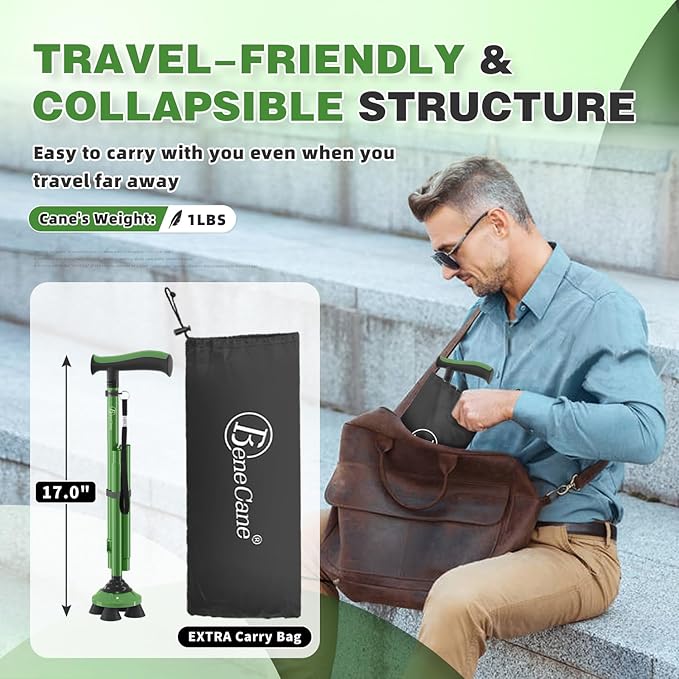 BeneCane Walking Cane for Men & Women Walking Stick for Seniors Folding Canes Quad Cane Adjustable Lightweight Sturdy Collapsible Heavy Duty with Soft TPR T-Handle and Travel Bag