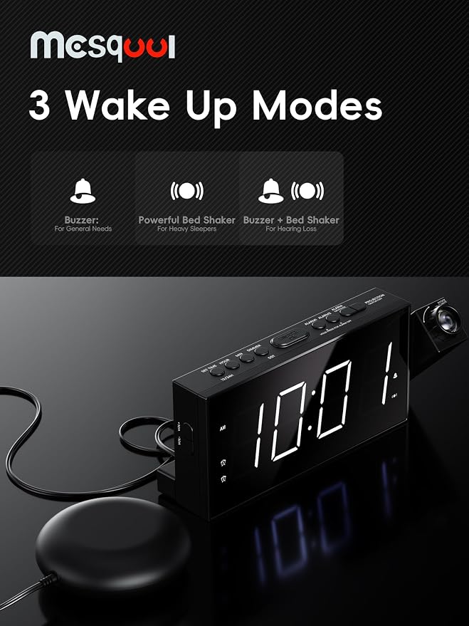 Mesqool Projection Alarm Clock with Bed Shaker, Dual Alarms, 180° Projector, 5-Level Dimmer, USB Phone Charger, Battery Backup, Loud Vibrating Alarm Clock for Heavy Sleepers, Snooze, DST
